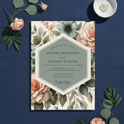Sage Floral Bloom Romance Wedding Einladung