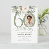 Sage Floral Foto 60. Geburtstag Einladung (Stehend Vorderseite)