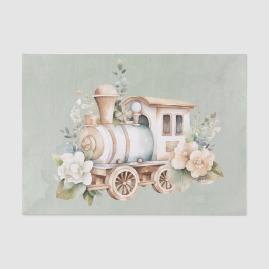 Sage Floral Train Boy Baby Duschgeschenk Seidenpapier (Vorderseite)