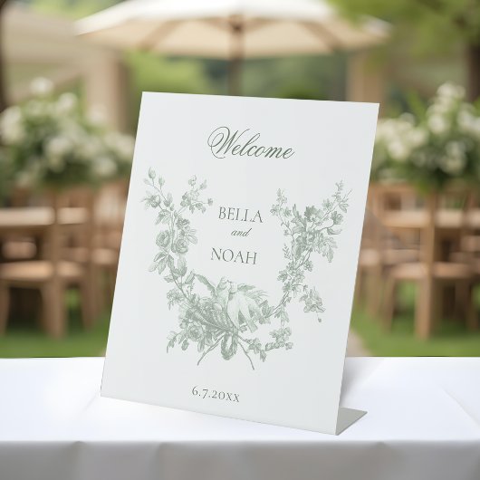 Sage Floral Wreath w/Lovebirds Wedding Welcome Sockelschild