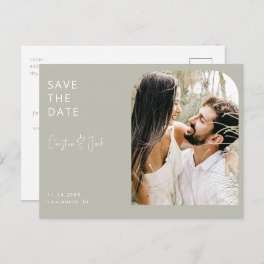 Sage Foto Moderne Arch Wedding Save the Date Postkarte (Vorne/Hinten)