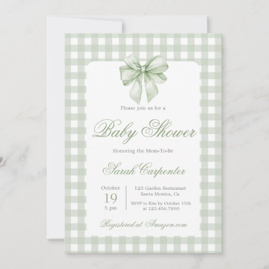 Sage Gingham and Bow Baby Shower Einladung (Vorderseite)