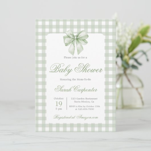Sage Gingham and Bow Baby Shower Einladung (Stehend Vorderseite)