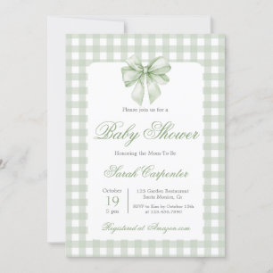 Sage Gingham and Bow Baby Shower Einladung