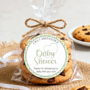 Sage Gingham Baby Shower Favor Aufkleber