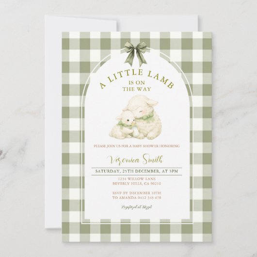 Sage Gingham Bow Little Lamb Baby Shower  Einladung (Vorderseite)