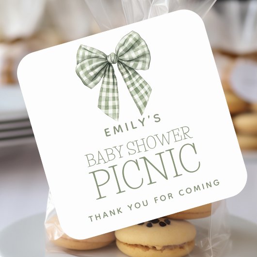 Sage Gingham Bow Name Baby Dusche Vielen Dank Quadratischer Aufkleber