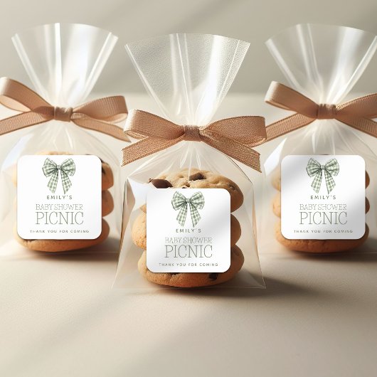 Sage Gingham Bow Name Baby Dusche Vielen Dank Quadratischer Aufkleber