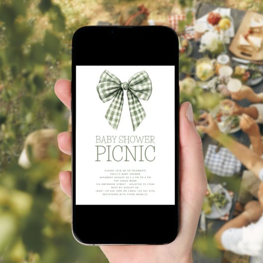 Sage Gingham Coquette Bow Baby Shower Picnic Einladung