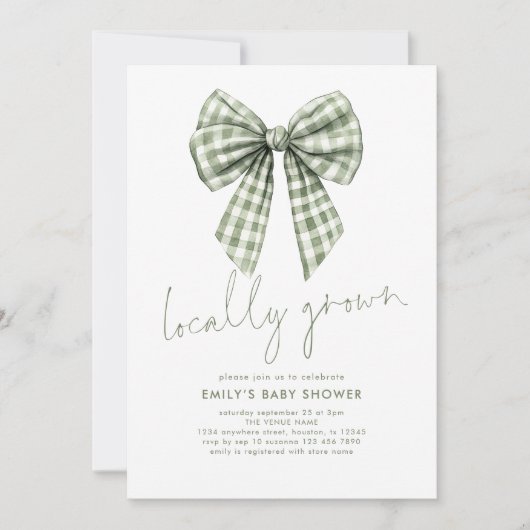 Sage Gingham Coquette Locale Grown Baby Shower Einladung (Vorderseite)