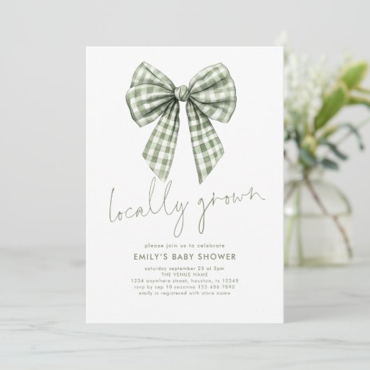 Sage Gingham Coquette Locale Grown Baby Shower Einladung (Stehend Vorderseite)
