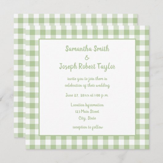 Sage Gingham Country Wedding Einladung (Vorne/Hinten)