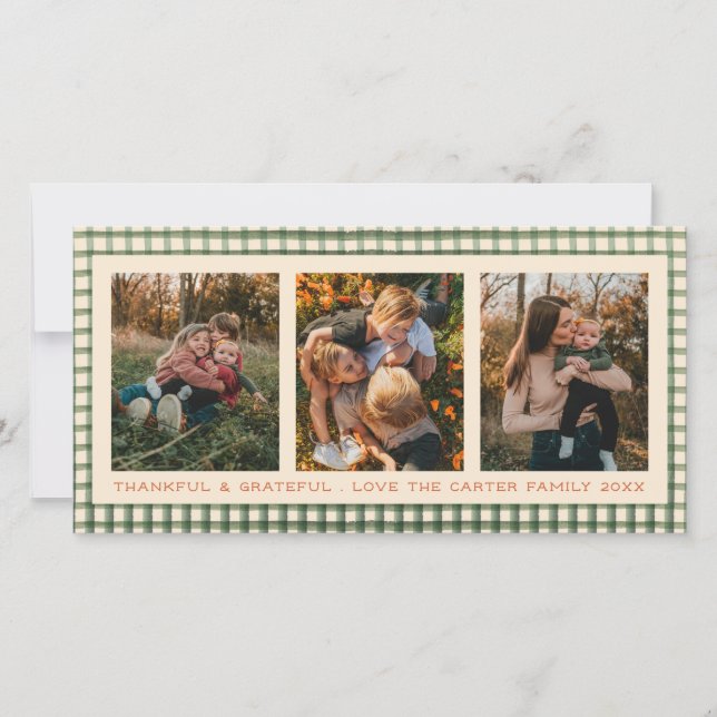 Sage Gingham Dankbare Foto-Festtagskarte (Vorderseite)