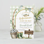 Sage Gingham Fisherman baby shower Einladung (Stehend Vorderseite)