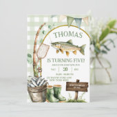 Sage Gingham Fisherman birthday invitation Einladung (Stehend Vorderseite)