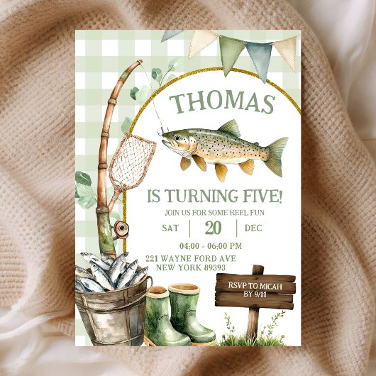 Sage Gingham Fisherman birthday invitation Einladung