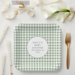 Sage Gingham Name Lokal Grown Baby Shower Pappteller