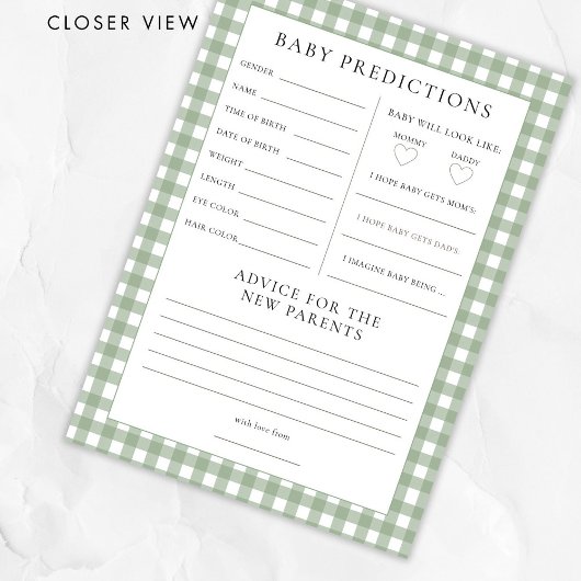 Sage Gingham Predictions Baby Shower Game Card Einladung