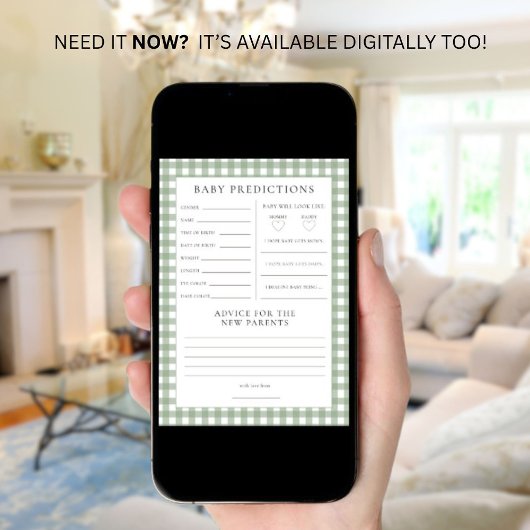 Sage Gingham Predictions Baby Shower Game Card Einladung