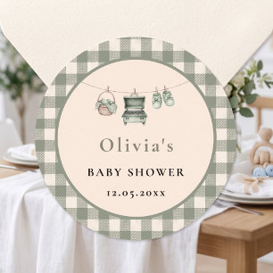 Sage Gingham Wäscheleine Grill Baby Shower Runder Aufkleber