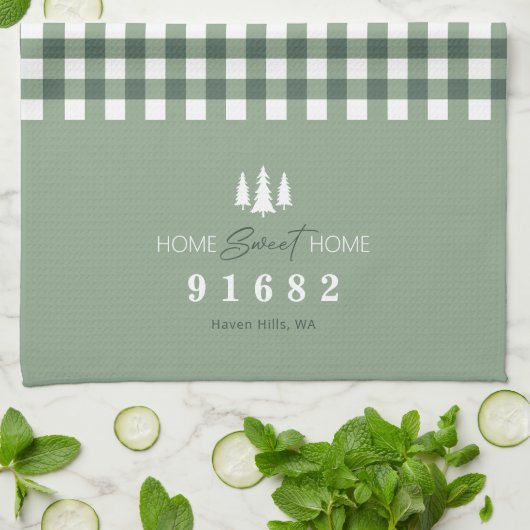 Sage Gingham Zuhause Sweet Zuhause Custom Zip Code Geschirrtuch (Gefaltet)