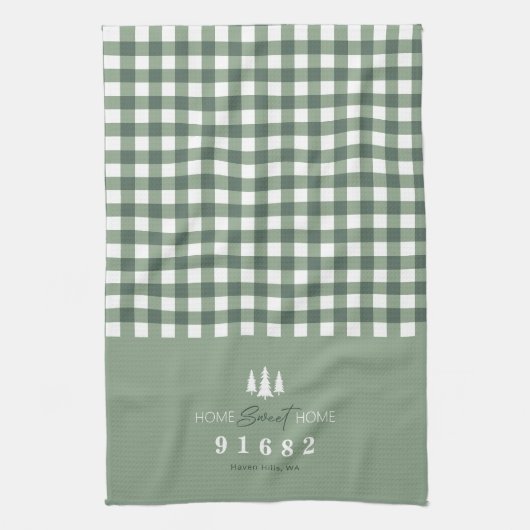 Sage Gingham Zuhause Sweet Zuhause Custom Zip Code Geschirrtuch (Vertikal)