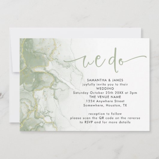 Sage Gold Agate Script wir machen QR Code Hochzeit Einladung (Vorderseite)