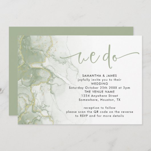 Sage Gold Agate Script wir machen QR Code Hochzeit Einladung (Vorne/Hinten)