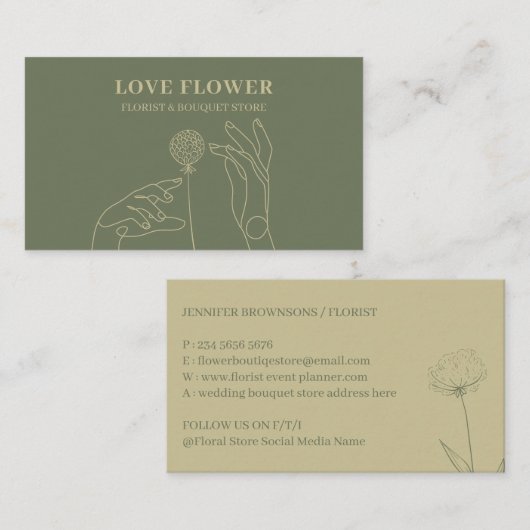 Sage Gold Blush Dandelion Blume Hände Visitenkarte (Vorne/Hinten)