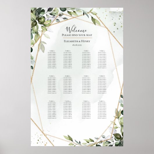 Sage gold eucalyptus boho wedding seating chart poster (Vorne)