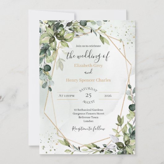 Sage gold eucalyptus geometric A5 wedding invite Einladung (Vorderseite)