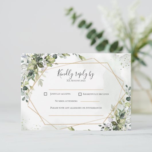 Sage gold eucalyptus geometric wedding RSVP card (Stehend Vorderseite)