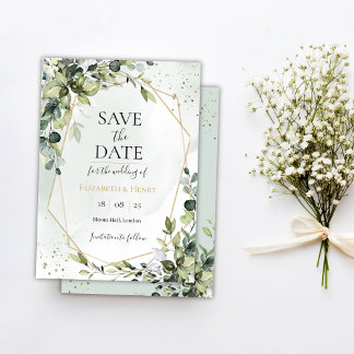 Sage gold eucalyptus geometric wedding save date einladung