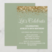 Sage & Gold Glitzer 50. Geburtstag Feiern Einladung (Vorne/Hinten)