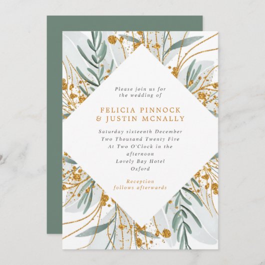 Sage & Gold Glitzer Geometric Winter Wedding Einladung (Vorne/Hinten)