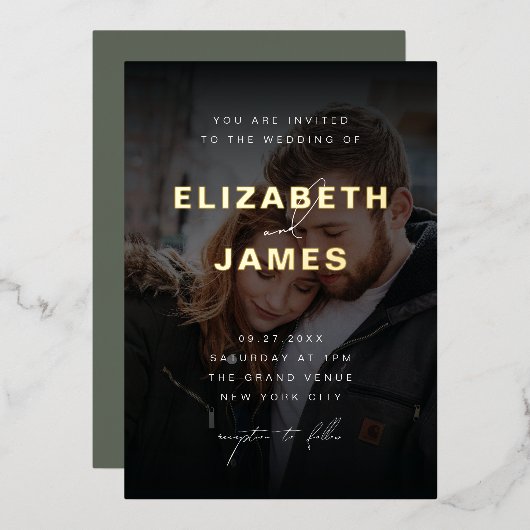 Sage & Gold Moderne Minimalistische Rustikale Hoch Folieneinladung (Vorderseite/Rückseite)