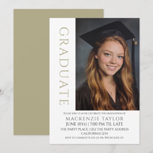 Sage Graduation Modern Photo Template Personalized Einladung (Vorne/Hinten)