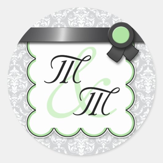 Sage & Grau Damask Doppelte Monogramm-Aufkleber Runder Aufkleber (Vorderseite)