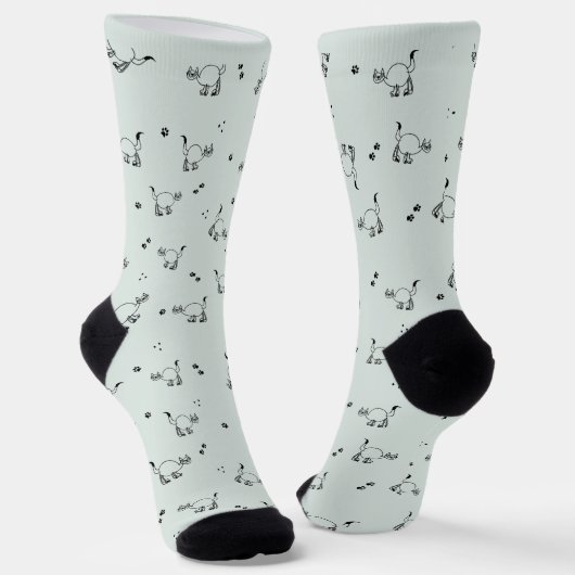 Sage Gray Green Cat Line Art Pattern Socks Socken (Gewinkelt)