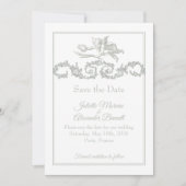 Sage Gray Toile de Jouy Cherub Save the Date Card (Vorderseite)