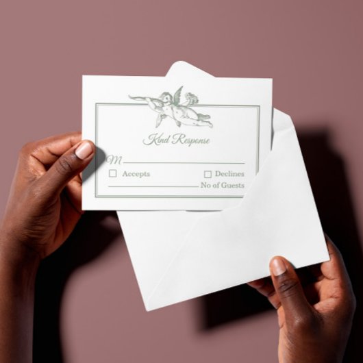 Sage Gray Toile de Jouy Cherub Wedding RSVP Card Karte