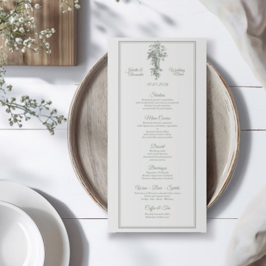 Sage Gray Toile de Jouy Wedding Menu Card Menükarte