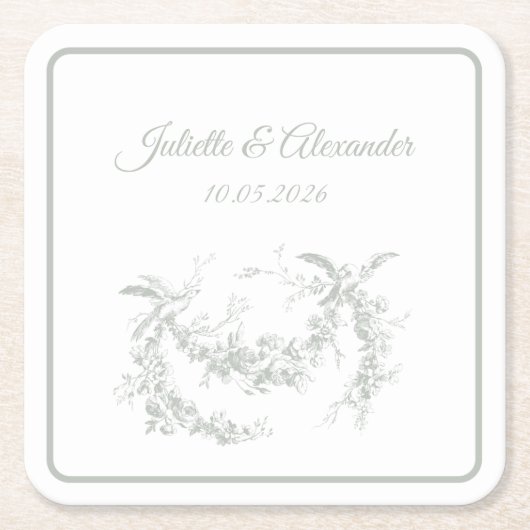 Sage Gray Toile de Jouy Wedding Paper Coasters Rechteckiger Pappuntersetzer (Vorderseite)