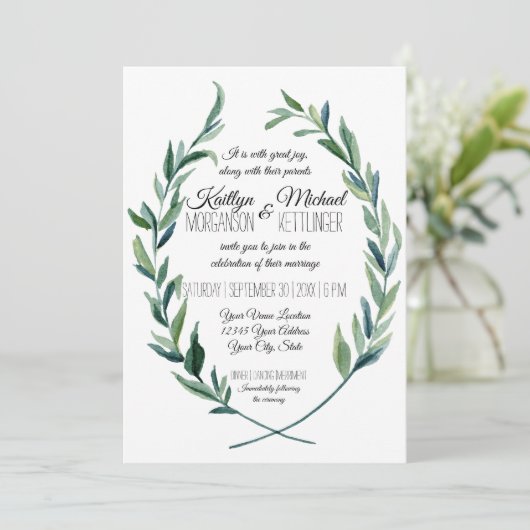 Sage Green 12x18 Laurel Wreath Olive Leaf Moderne Einladung (Stehend Vorderseite)
