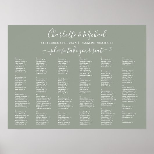 Sage Green 200 Names Wedding Seating Chart Poster (Vorne)