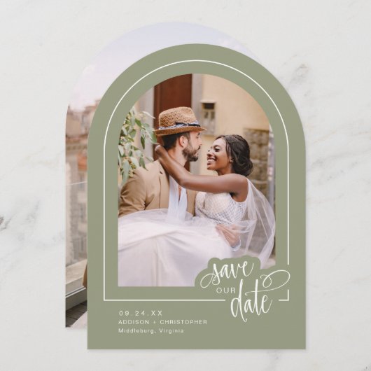 Sage Green 2 Foto Script Wedding Save the Date Einladung (Vorne/Hinten)
