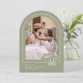 Sage Green 2 Foto Script Wedding Save the Date Einladung (Stehend Vorderseite)