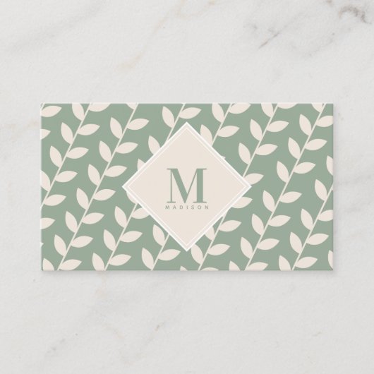 Sage Green 70s Retro Leaf Monogram Initial Visitenkarte (Vorderseite)