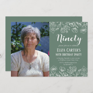 Sage Green 90. 90. Floral Elegant Geburtstag Einladung