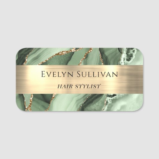 Sage Green Agate Gold Foil Name Tag Namensschild (Vorderseite)